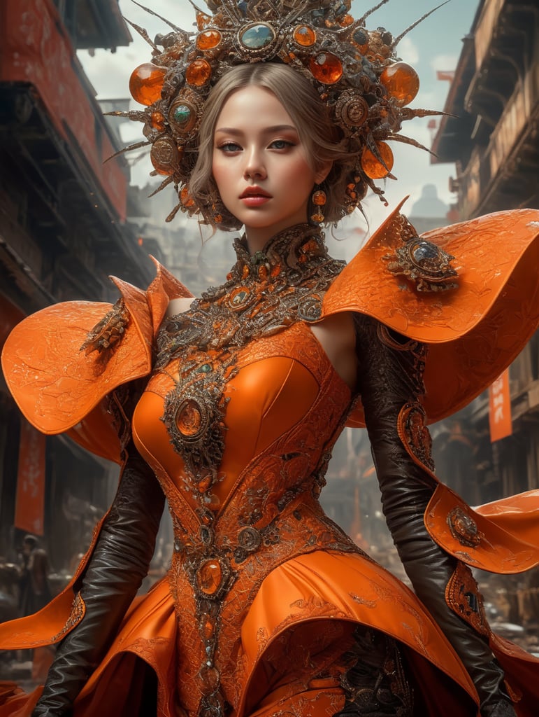 Girl in eco friendly haute couture outfit in the style of anime, surrealism, akira style. details. fine jewelry. eco friendly. orange vibe.
