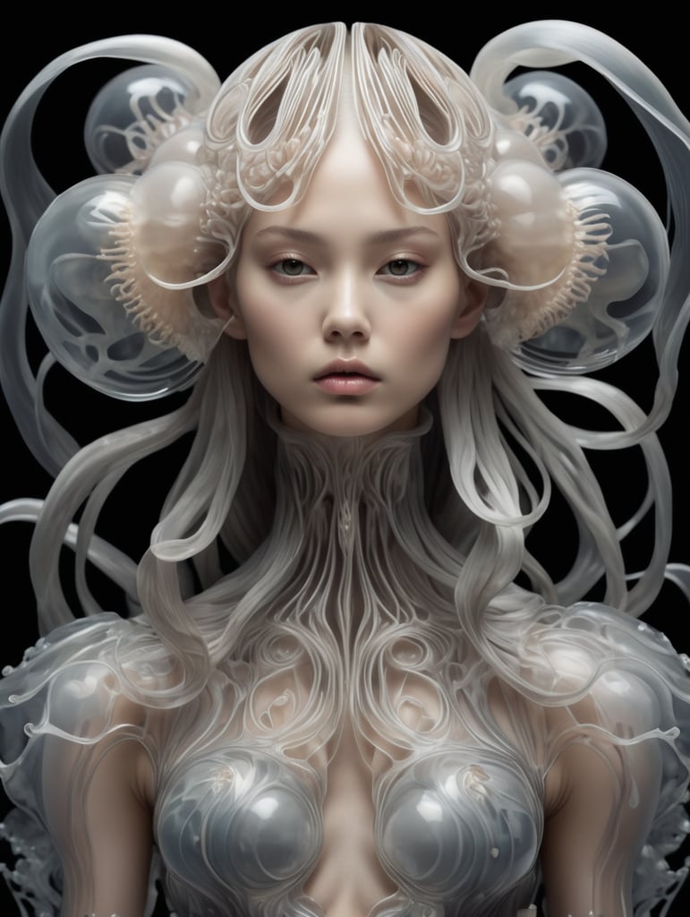 Jellyfish girl, image in the style of Iris van Herpen, black background