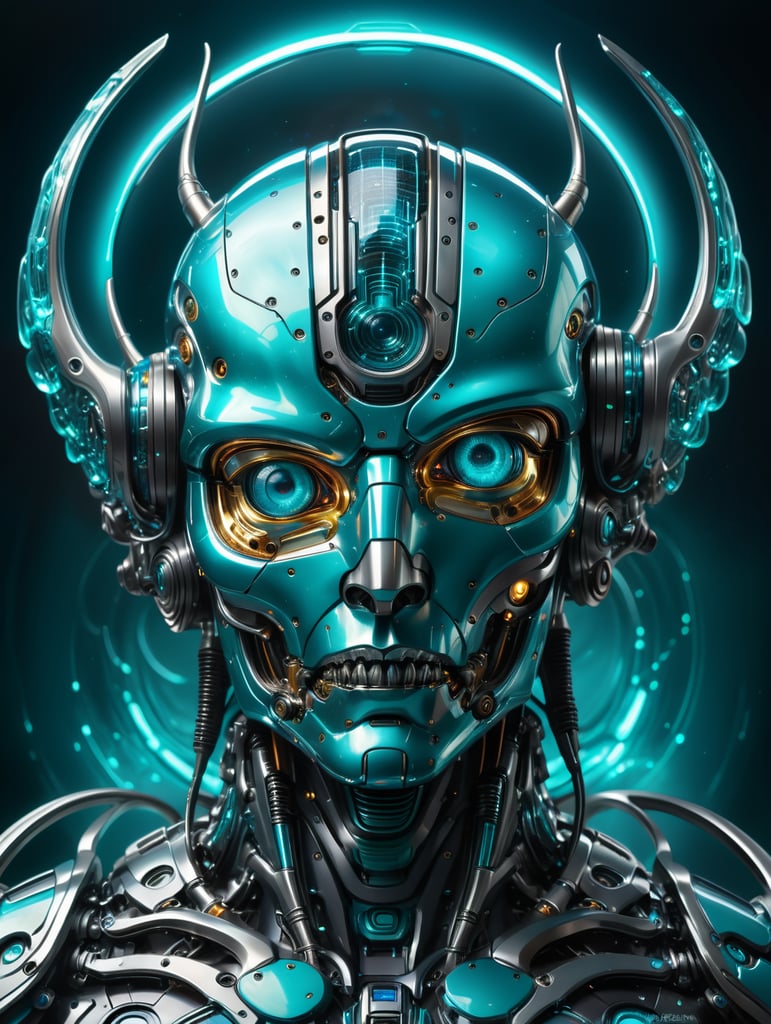 A robotic futuristic deity made of titanium with electric teal energy flowing trough the body. soft light, cosmic halo, Intense teal blue and black colors. Digital art, hyper detailed, masterpiece, high quality, depth of field, ultra HD, abstract