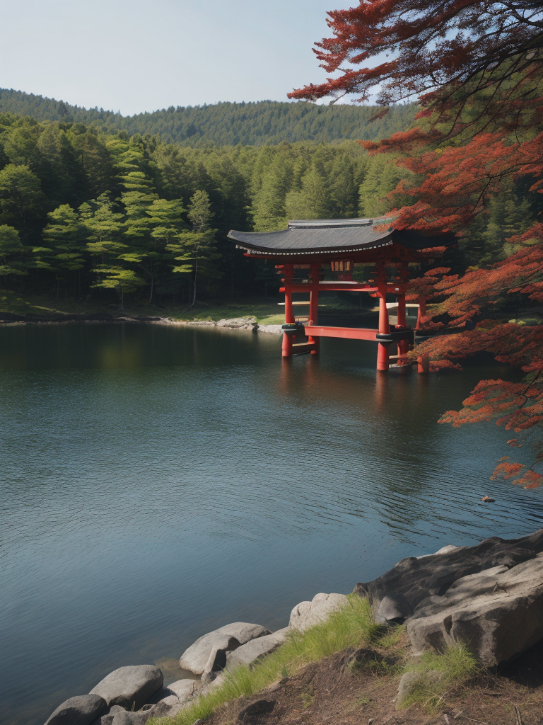 Red torii gate in middle of a lake, Dense forest on the edge of the lake, Bright and saturated colors, Japanese culture, photorealistic, contrast light