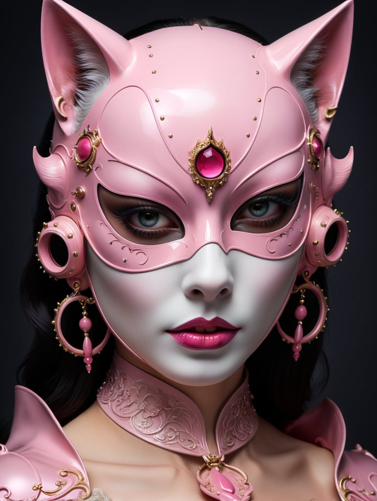 Close up portrait photography, of a gorgeous lady, wearing a pink cat woman mask, 80 degree view, art by sergio lopez, natalie shau, james jean and salvador dali