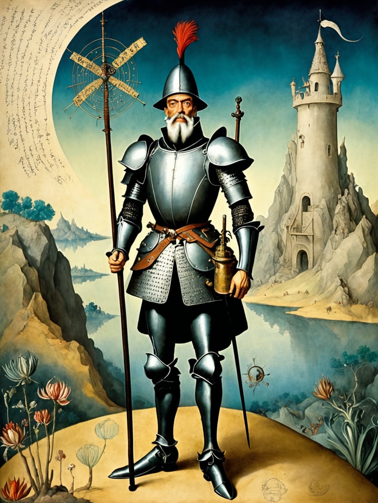 Terence mckenna in the form of don quixote standing and looking far in voynich manuscript by hieronymus bosch