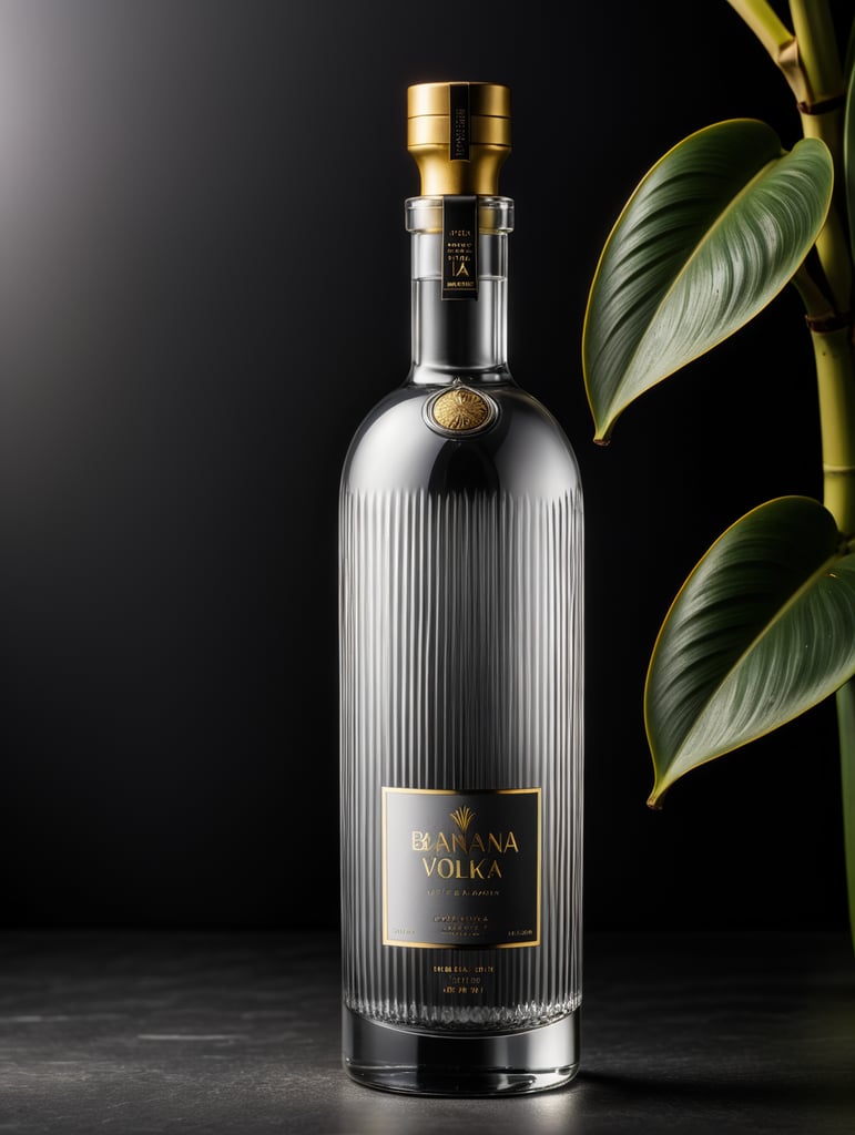 Tall minimalist glass banana vodka bottle design with a texture of closely spaced vertical lines with vibrant colors for a luxury matte black perfume with a shape inspired by vodka bottles. On a dark gray background. Packaging and branding for a banana vodka brand, a set design with banana, and banana leaves.