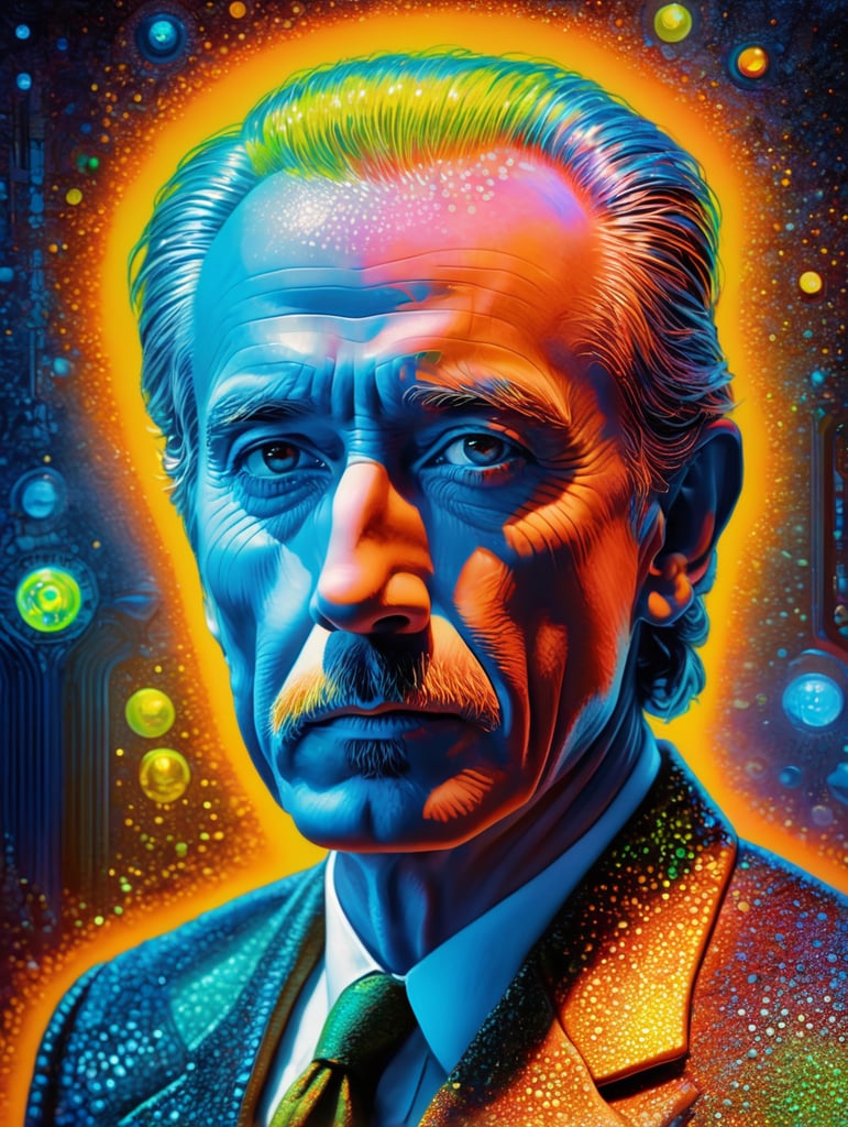 Fine Art Fluorescent Pointillism Sci-fi Surrealism Photography, Futuristic Mickey Mouse, Portrait made of hyper-detailed transparent frosted plastic, Moebius Bernard Buffet, van Gogh, Vermeer, Erin Hanson, Pierre Soulages, National Geographic, textured depth, vibrant fluorescent hyperrealism photo