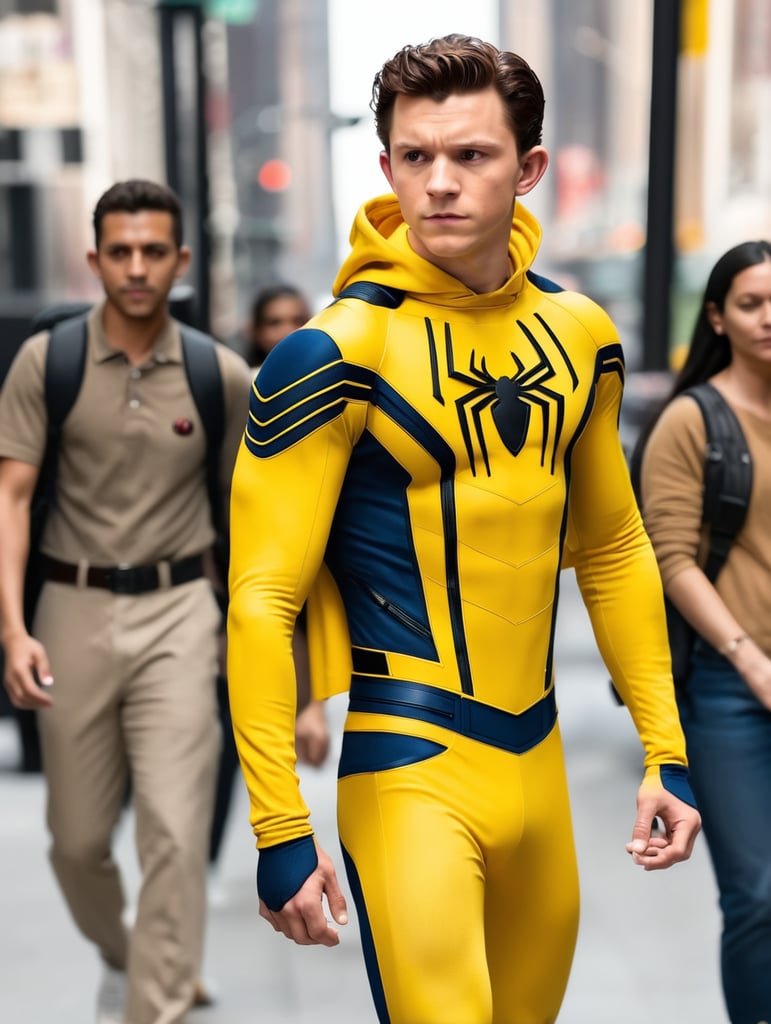 Tom Holland in yellow spiderman outfit