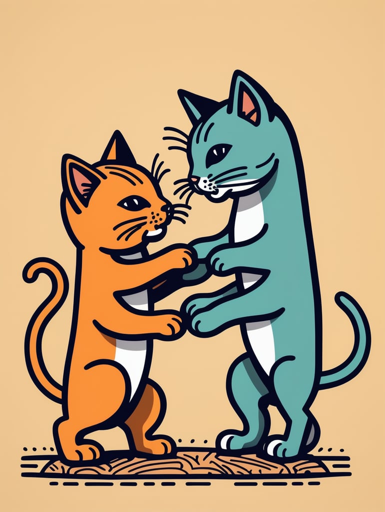 Simple figural illustration of a two kittens playing, solid color background, Keith Haring style graffiti, sharp illustrations, bold lines and solid colors, simple details, minimalism