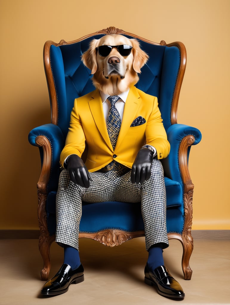 a sleek looking golden retriever, sitting on a tufted blue velvet chair with, bright yellow background, wearing an expensive 3 piece checkered suit, with very large dark sunglasses, hands in lap, full body with black shiny shoes, black leather gloves, black leather shoes, facing front, super crisp, photographic canon 80d, daylight, bold, fantastic