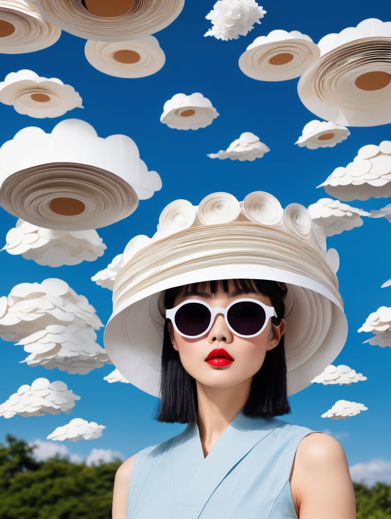 Paper clouds in the sky. Albino japanese model. paper stacked everywhere. paper hat, clothes and paper sunglasses. wind blows paper around sky. paper clouds. paper hang from sky.