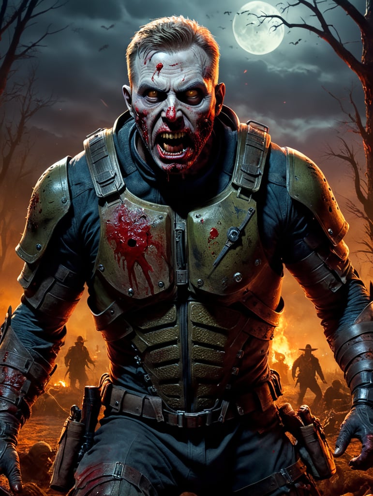 By 20th Century Fox, eerie Halloween night, Chris Evans dressed as a grotesque, blood-covered zombie soldier, haunting the desolate battlefield, surreal fear, Halloween charm, cinematic photography, action shoot, movement, epic, high definition