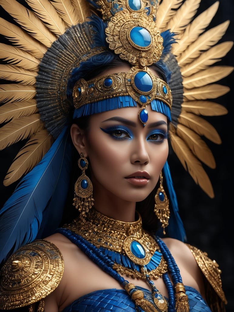 A tan skin mayan queen all blue and gold elaborate outfit, with huge headpiece center piece, blue gold makeup with oversized headdress with long bird feathers, with depth of field, fantastical edgy and regal themed outfit, captured in vivid colors, embodying the essence of fantasy, minimalist.