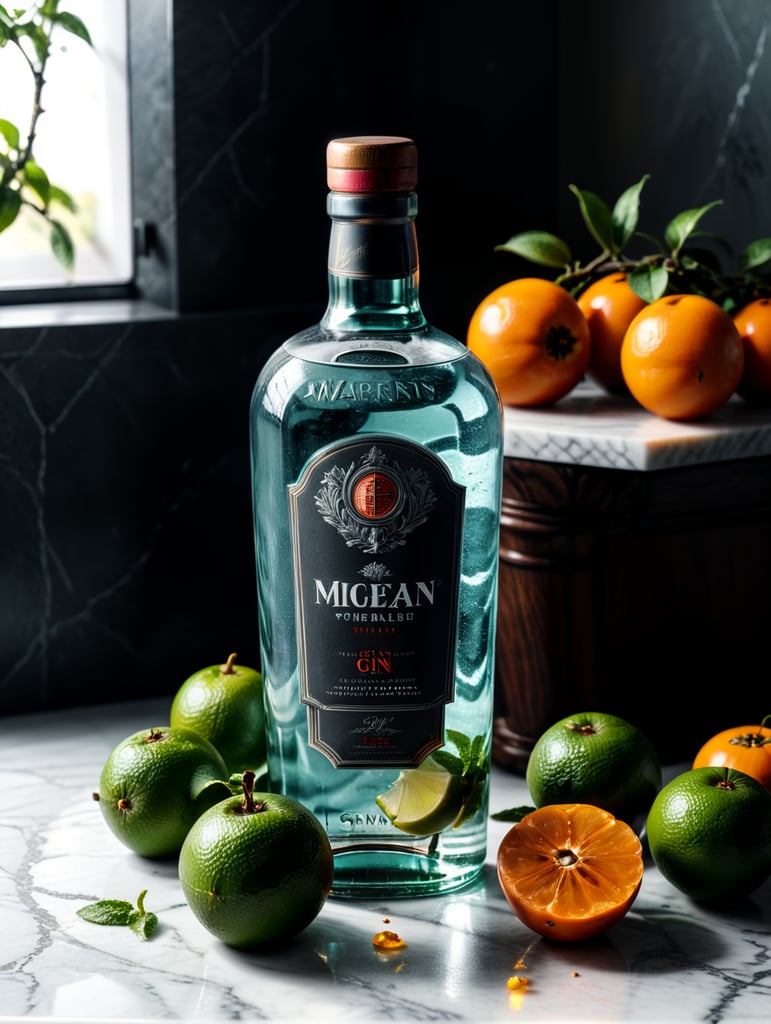 professional photo of a gin bottle on a white marble table surrounded by limes, persimmons and mint, natural light