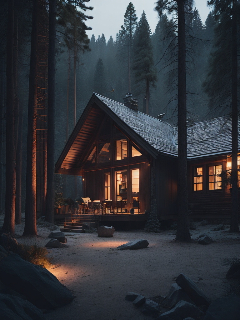 Illustrate a cozy cabin in the woods surrounded by tall pine trees and a crackling fireplace