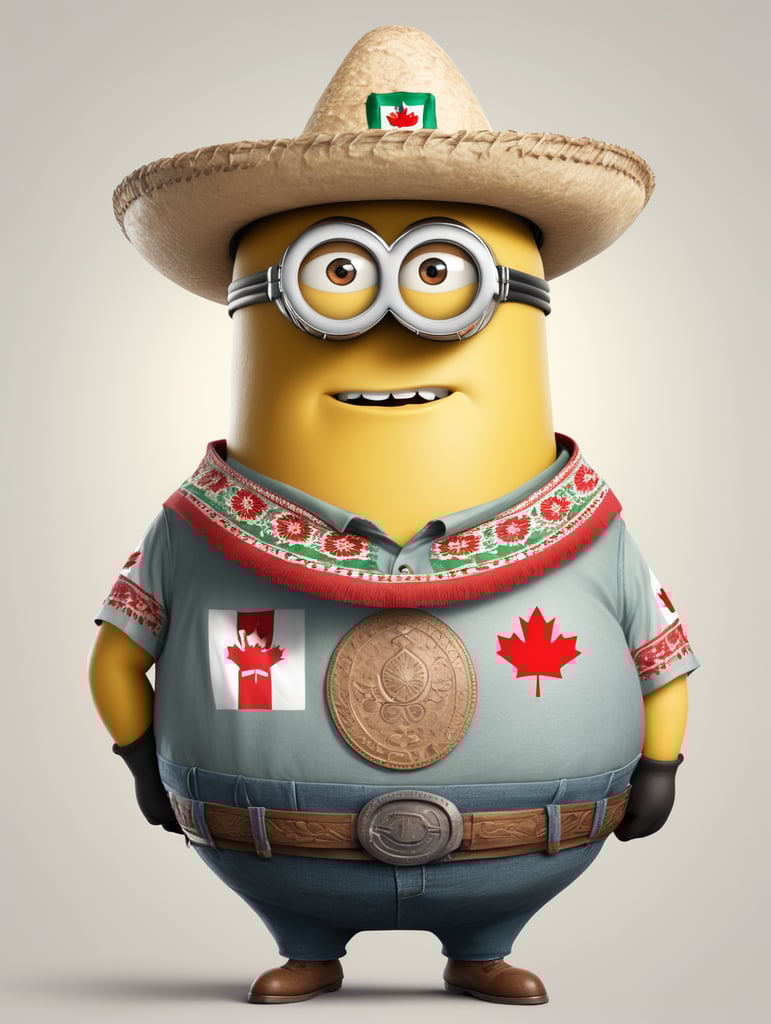 fat minion wearing a canadian shirt and a mexican hat