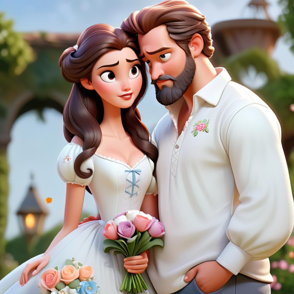 Young beautiful couple: woman with long black hair and a white dress with puffed sleeve, holding a bouquet, touching her forehead to the forehead of a man with auburn hair and beard wearing a white social shirt. romantic gaze. Disney Pixar Style