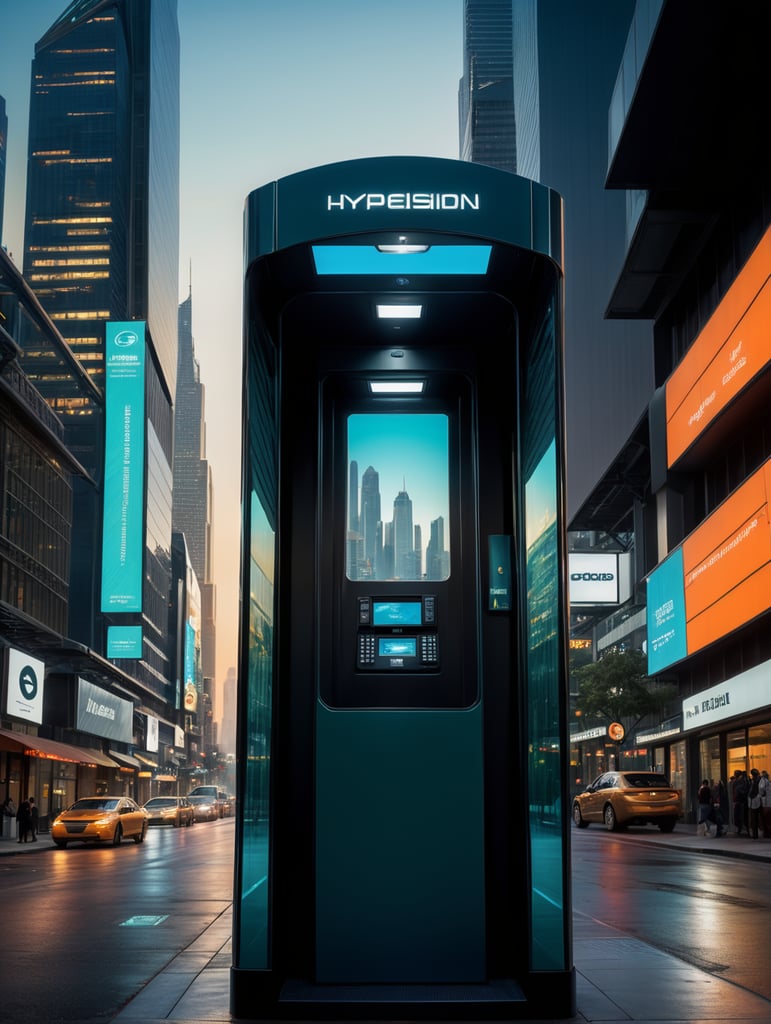 A sleek, state-of-the-art telephone booth with cutting-edge technology and solar power integration, presented through a professional digital illustration style. In the spirit of concept artist Syd Mead, this image showcases a futuristic, cityscape backdrop. The booth exudes minimalism and sophistication with its clean lines and advanced touchscreens. The color palette is a mix of cool, futuristic blues and vibrant, eco-friendly greens. Facial expressions are determined and focused, bathed in the glow of a digitally enhanced atmosphere, demonstrating the embodiment of professionalism in modern technology. --v 5 --stylize 1000