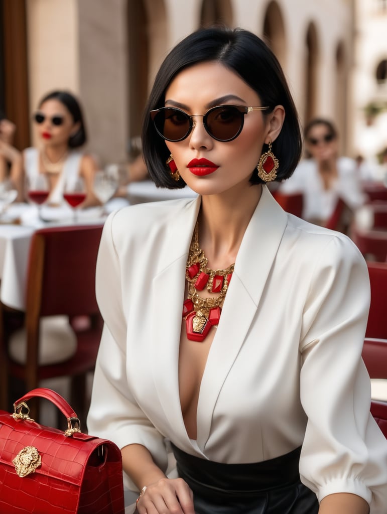 big geometric earrings sunglasses and necklace short black hair red lips italian style dolce and gabbana asian female model portal nous mallorca elegant luxury sitting restaurant leather handbag