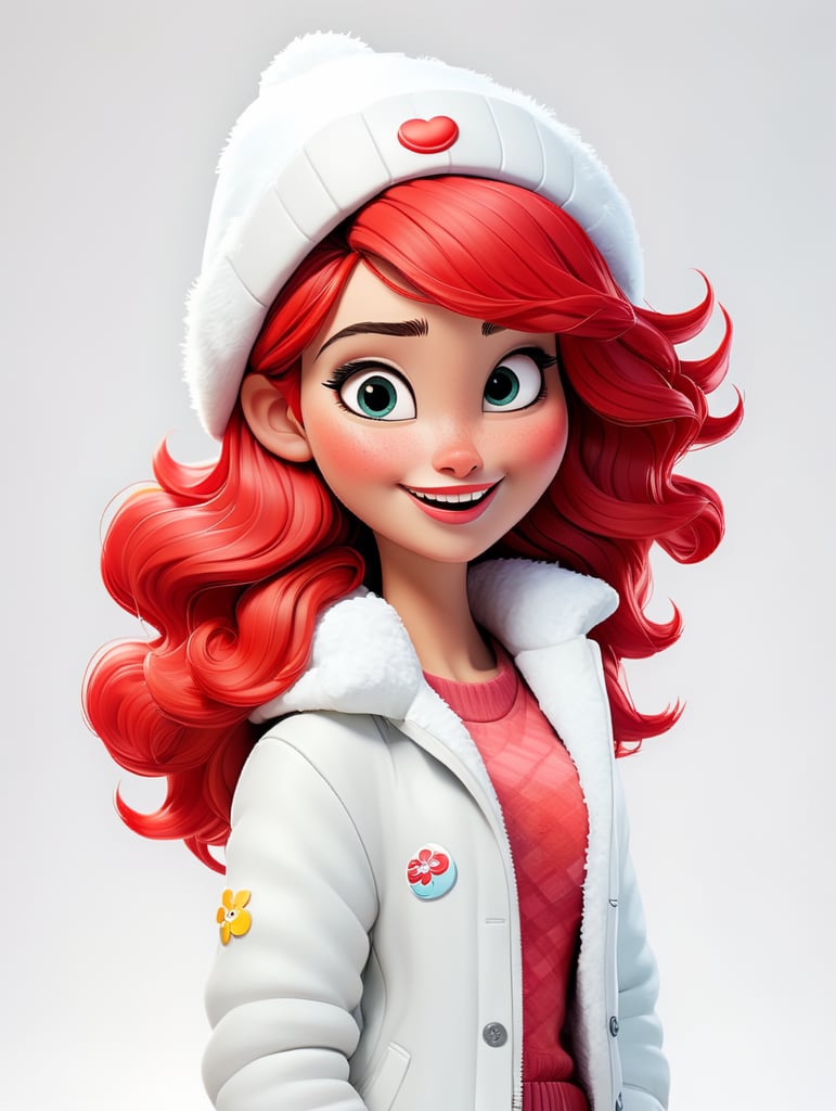 a happy young women with colored hair and red hat on his head is wearing a white fluffy jacket, isolated, white background