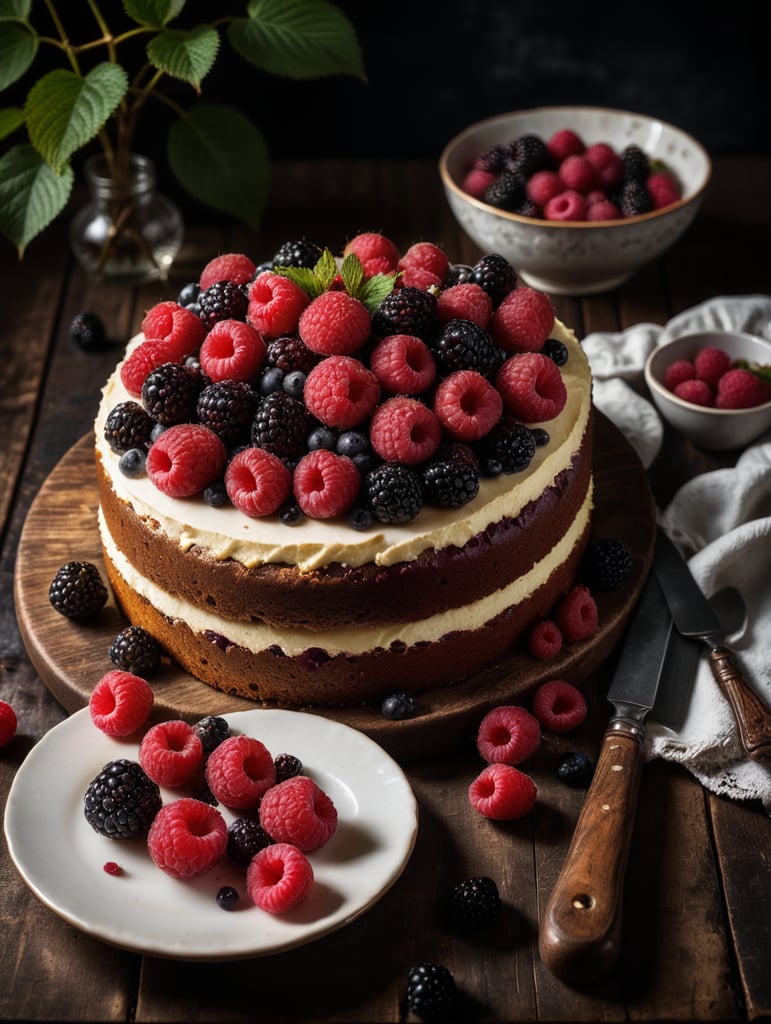 Cake with raspberries and blackberries on a wooden table, dark atmosphere, dramatic Lighting, Depth of field, Incredibly high detailed