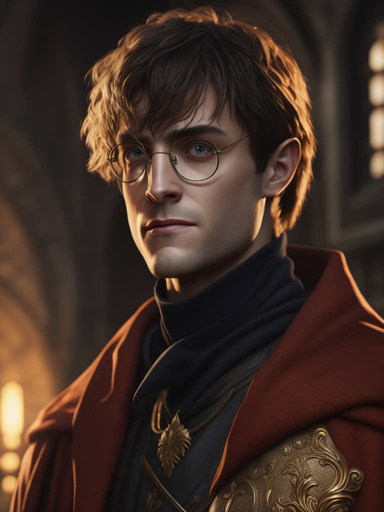 Portrait of Harry Potter in medieval style, detailed face, contrasting light, Against the backdrop of the castle,
