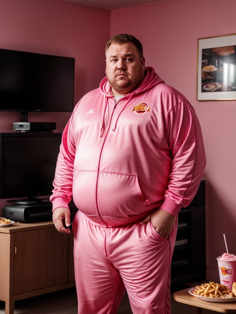 A very fat man in a tracksuit eats fast food and watches TV, the room is a mess, the room is painted pink