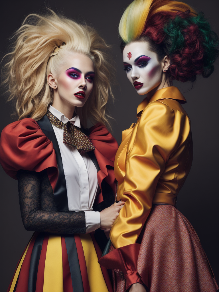 two women dressed in colorful clothing with large hair and make - up in the shape of clowns Avant-garde Fashion