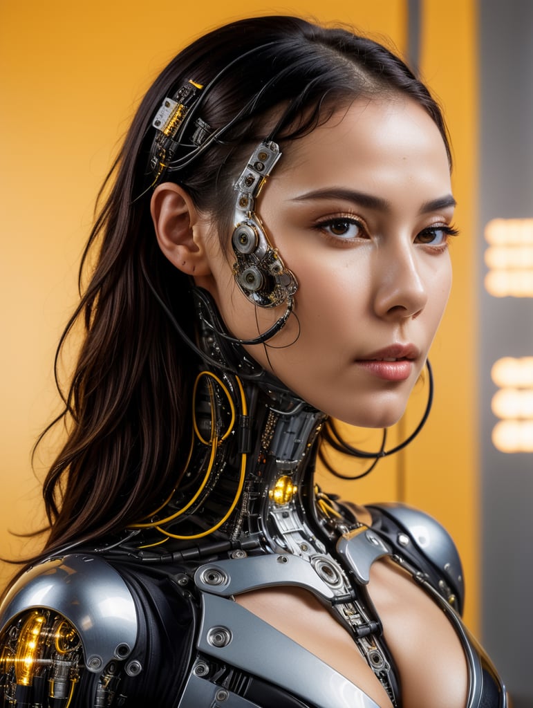 Half body photography, in front of a yellow wall, a futuristic cyborg woman, full of cables and wires and led, an well shaped transparent dark plexiglass latex body plc robots with silver motor head, 80 degree view, art by sergio lopez, natalie shau, james jean and salvador dali