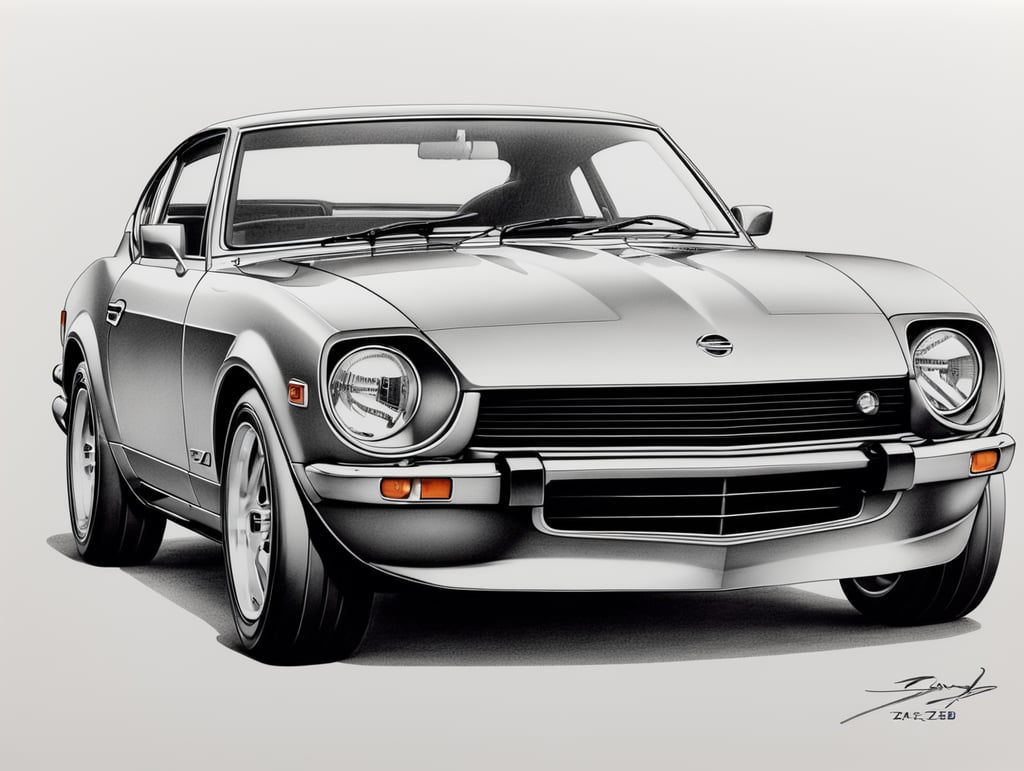 Professional pencil drawing by an auto designer, Nissan Fairlady Z, 240 Z, in the style of auto design, professional level