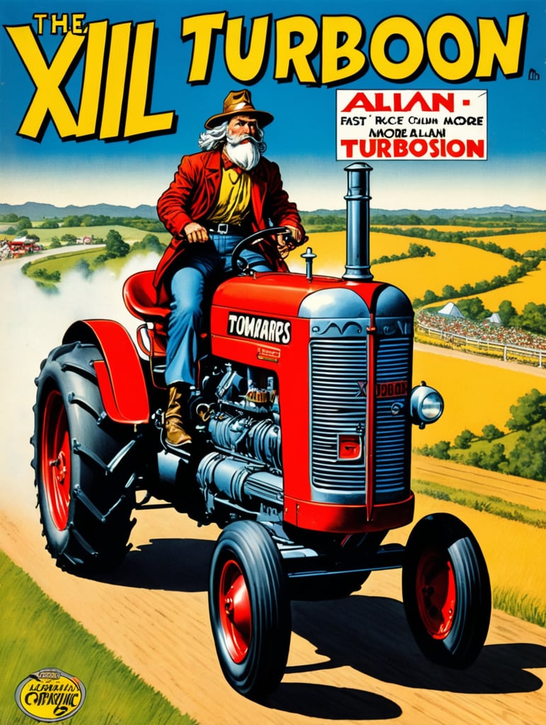 The Wizard's Vintage Comic Book Cover LoRA, Harrlogos XL LoRA – vintage comic book cover, fast (title says "TURBOVISION XL" text logo:1.4) in red, old tractor speeding down the race track, by r crumb and alan moore, detailed