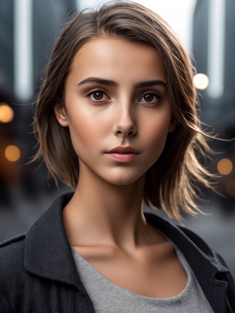 (European girl:5), (((perfect body))), (brown eyes), ((casual fashion clothes)), (((extremely detailed eyes))), ((perfect face)), (texture of the skin), ((extremely detailed skin with skin pores)), (confident expression), city backdrop, dynamic composition, soft yet striking lighting, shallow depth of field, sharp details, highly detailed, hyper-realistic, 50mm lens, cinematic, naturally blurred background.