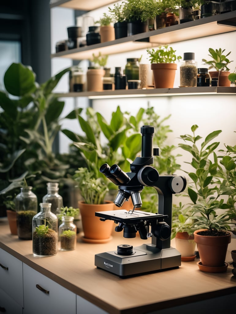 botanist lab, microscope, plants and beakers on shelves