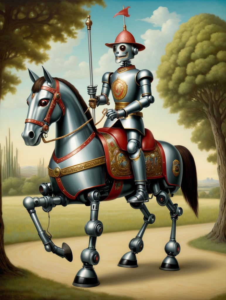 Premium Free ai Images | don quixote robot ride robot horse by mark ryden
