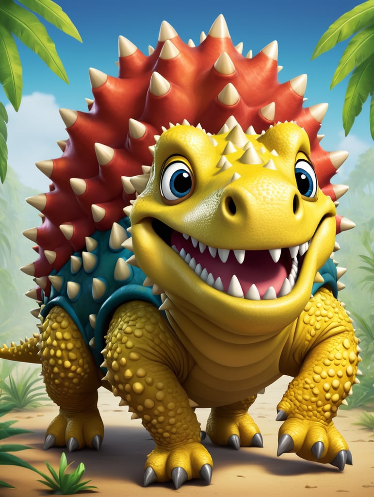 Cartoon Pixar Ankylosaurus, plain background,friendly, smiling, fun, modern, vibrant colors, high contrast ultra detailed