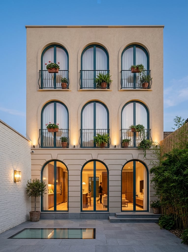 A contemporary beige stucco building facade features a symmetrical grid of large arched windows under a clear twilight sky. The upper stories display six arched openings framed in dark teal, accented by sheer white curtains and dark Juliet balconies with wavy railings holding potted plants. Below, matching arched glass doors reveal a warmly lit modern interior, opening onto a minimal gray paved courtyard with a flush rectangular glass skylight. The space is bordered by a white brick wall with a glowing sconce on the left and a bamboo privacy screen on the right, perfectly balancing cool dusk ambient light with warm architectural illumination.