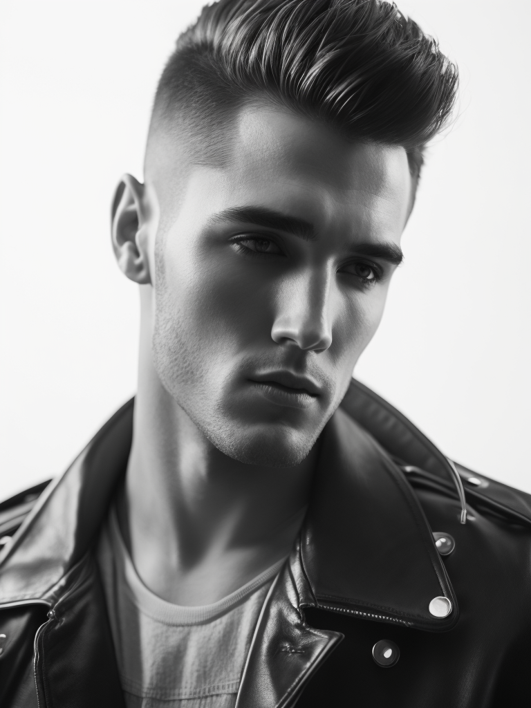 Portrait of a man with a haircut like Elvis Presley, leather jacket, black and white