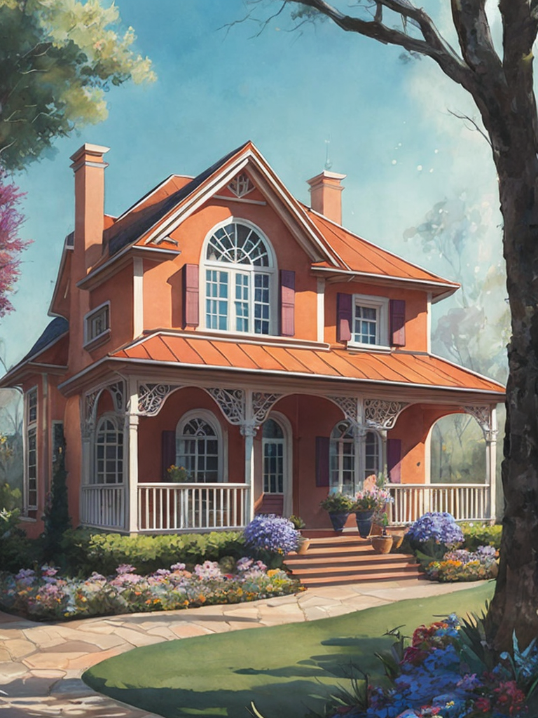 fairytale house, Marty Bell, openwork veranda, day, sunlight, blue sky, flowers near the house, lawn, pastel colors, transparent colors, pink, blue, purple, green, white