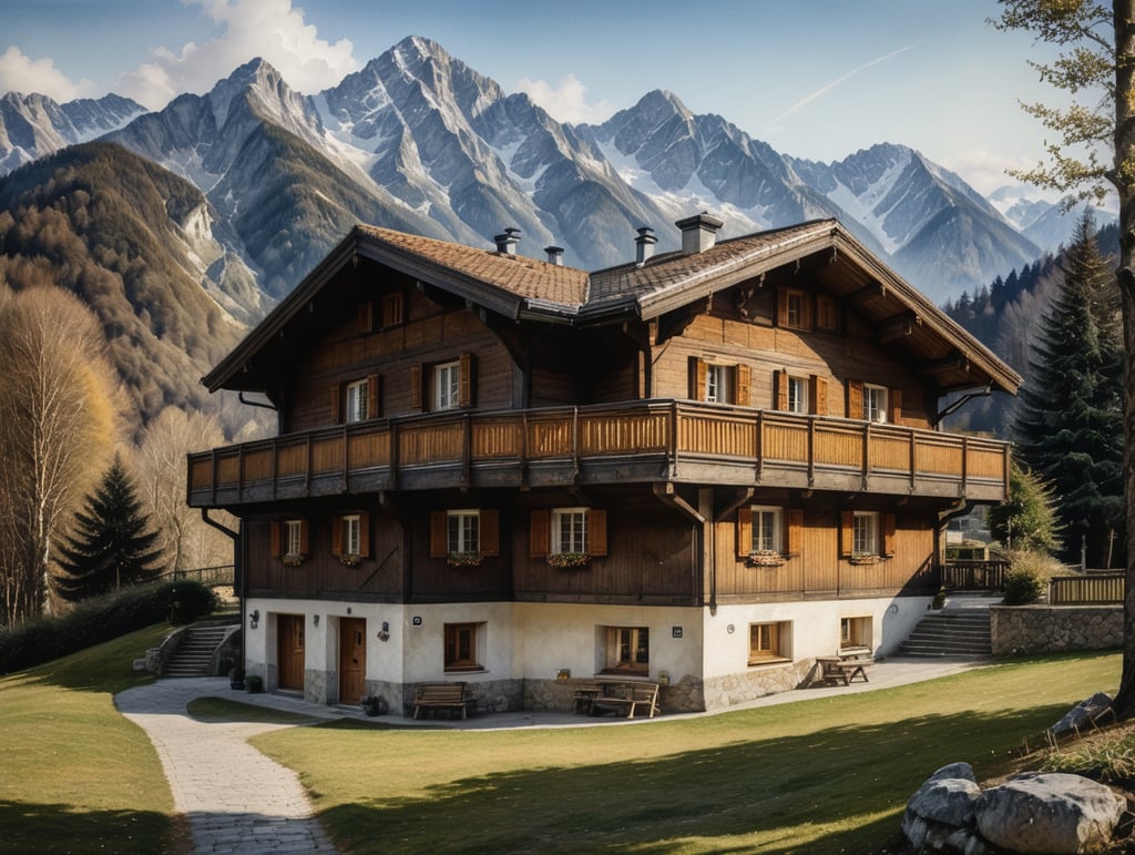Watercolour sketch of a mountain Austrian chalet