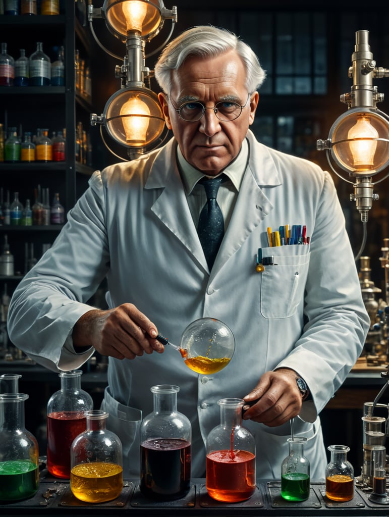 Alexander Fleming in a lab mixing chemicals and looking at the camera