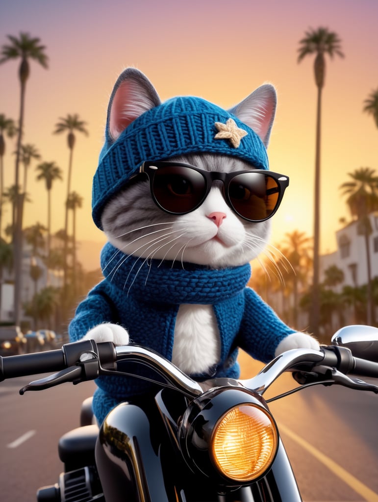 A closeup photorealistic photograph of a knitted cute cat made of crochet wearing stylish sunglasses and dressed in a beanie cap and riding on a motorcycle in hollywood at sundown. palm trees in the background. this 4k hd image is trending on artstation, featured on behance, well-rendered, extra crisp, features intricate detail and the style of unreal engine.