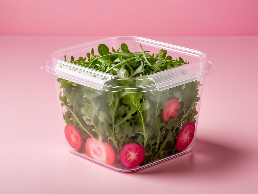 blank Transparent Plastic Container with Arugula Salad, isolated, pink background, Mockup, mock up