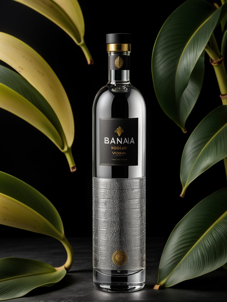 Tall minimalist glass banana vodka bottle design with a texture of closely spaced vertical lines with vibrant colors for a luxury matte black perfume with a shape inspired by vodka bottles. On a dark gray background. Packaging and branding for a banana vodka brand, a set design with banana, and banana leaves.