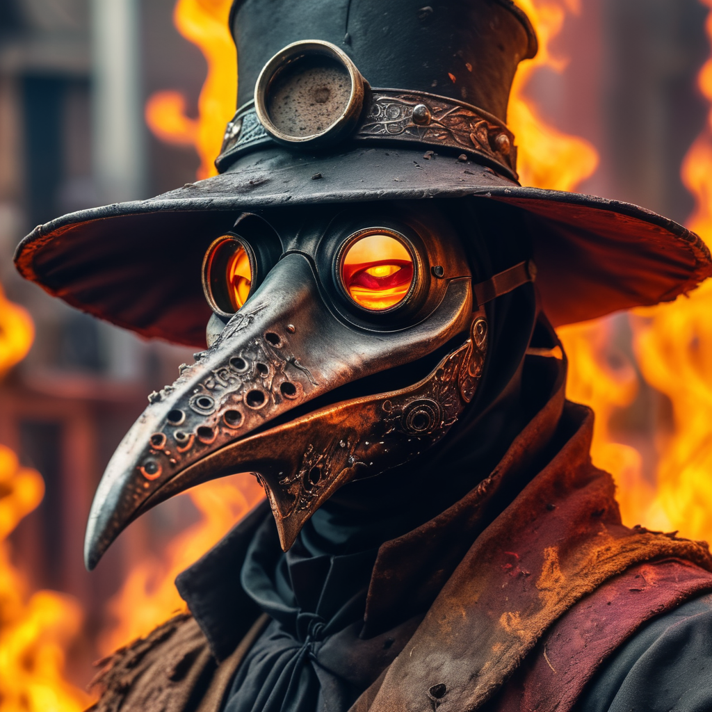 plague doctor, eater of worlds, demon, creepy, fire elements, ghost town, 19th Century vivid saturated colors, highly detailed, contrast colors