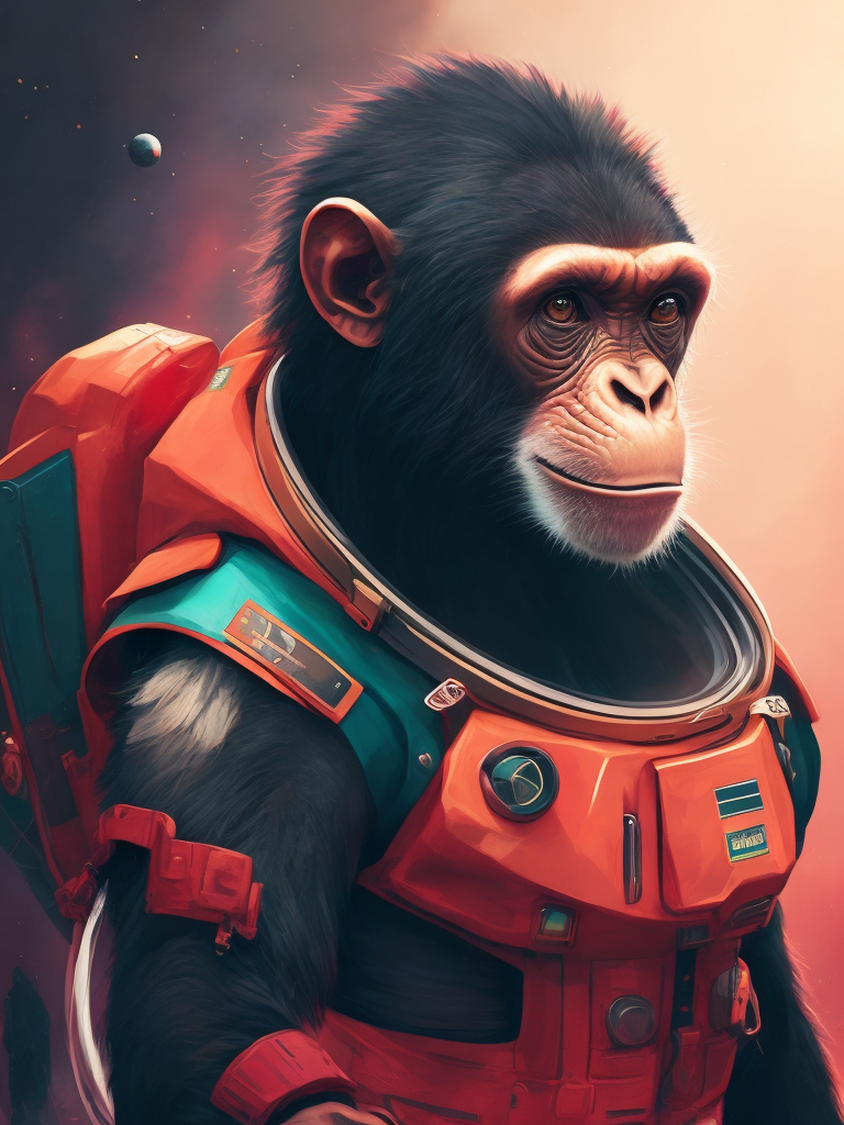 A chimpanzee going to space, wearing pink color astronaut suit, Vivid saturated colors, Contrast light, studio photo, professional photo, Detailed image, detailed face