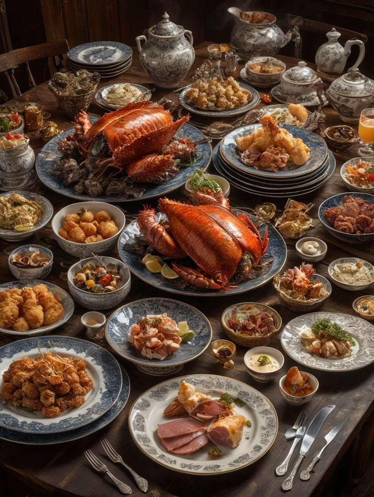 Photos of fried pheasant surrounded by Corsican thrushes, aspic boar ham, fried kid with tartar sauce, magnificent turbot and giant lobster. There were plates of snacks between the large dishes. The dishes were silver, the plates were made of Japanese porcelain