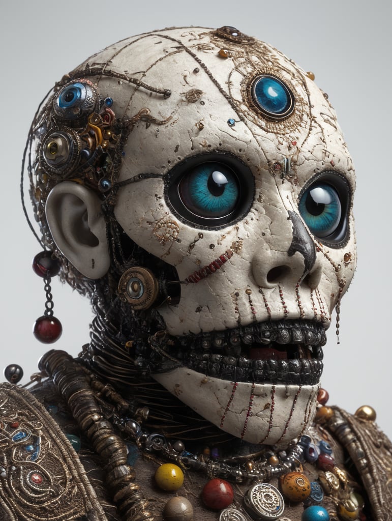 white background voodoo doll basic pins eye buttons stitched