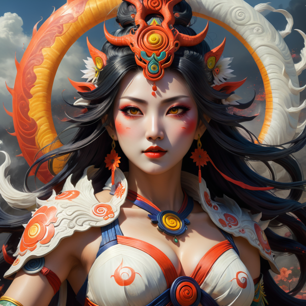 amaterasu goddess blessing the people. sumie style, colorful, detailed, spiral, epic, fantastic, 8k