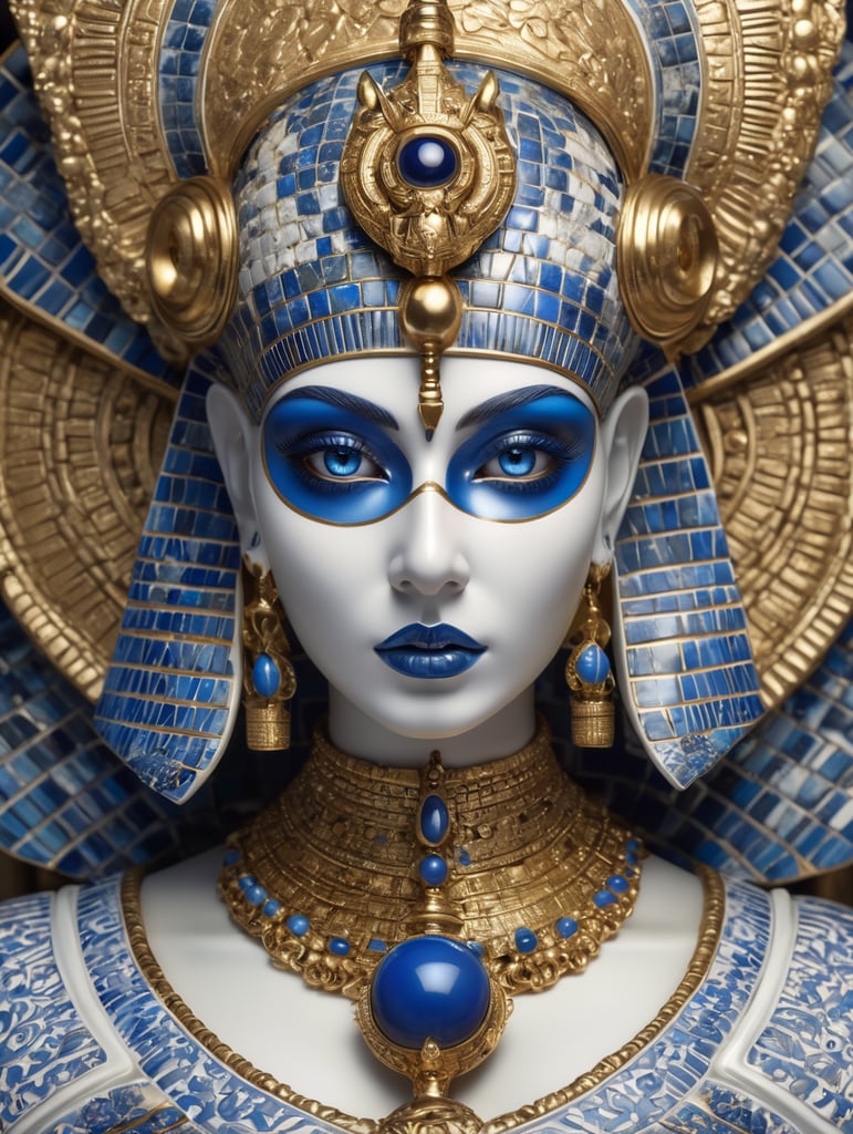 mythology goddess creature with Tutankhamen mask made of azulejo’s white and blue, gothic, gold, Neoclassical, elegant, beauty, antique classical, masterpiece, Canon50, Beautiful Lighting, Sad, highly detailed, detailed facial features, unreal engine, very detailed eyes, symmetrical eyes, mythology