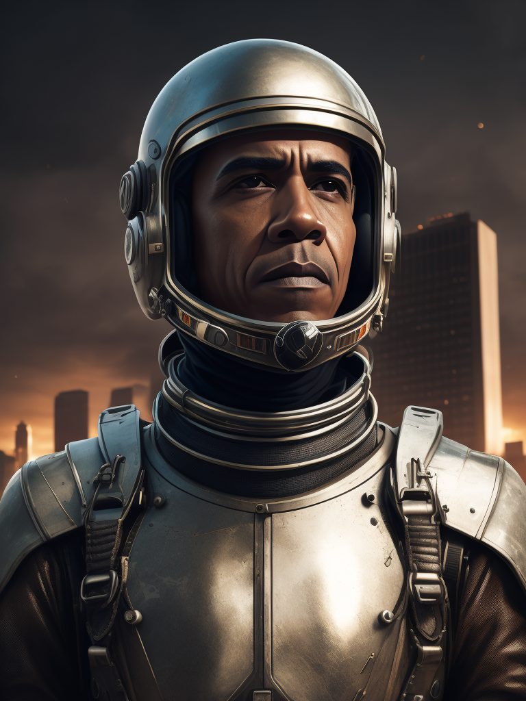Brack Obama wearing a metallic retro space suit, with a destroyed city background