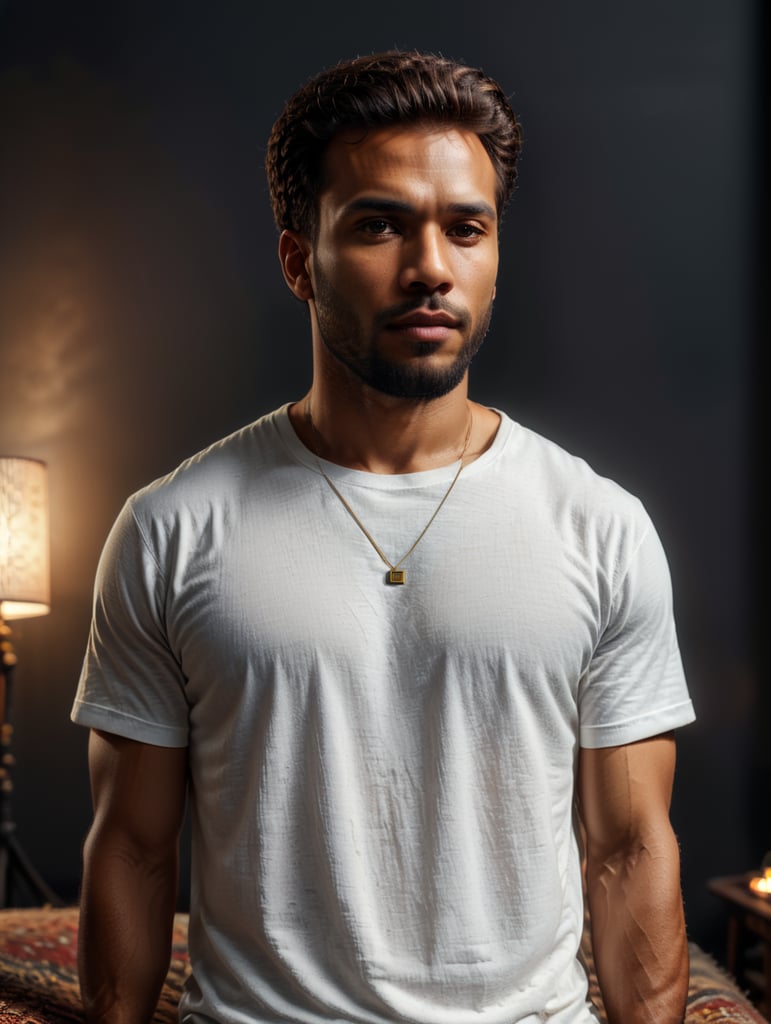 make me high definition - 4k a mixed race man, with body shot angle facing front to the camera, wearing oversized heavy cotton a flat MOCK UP white blank t shirt in bright warm tone studio photoshoot and aesthetic color vintage paintings, rugs, sofa on background