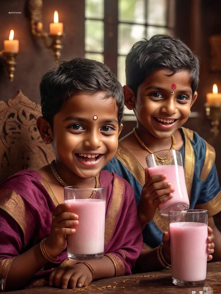 2 south Indian kids drinking rose milk with a happy face