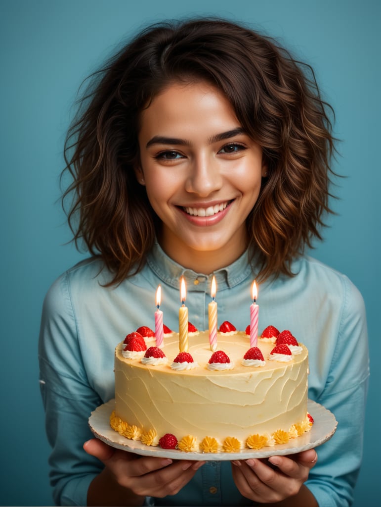 young woman , smiling, holding slice of birthday cake in your hands, fullbody,